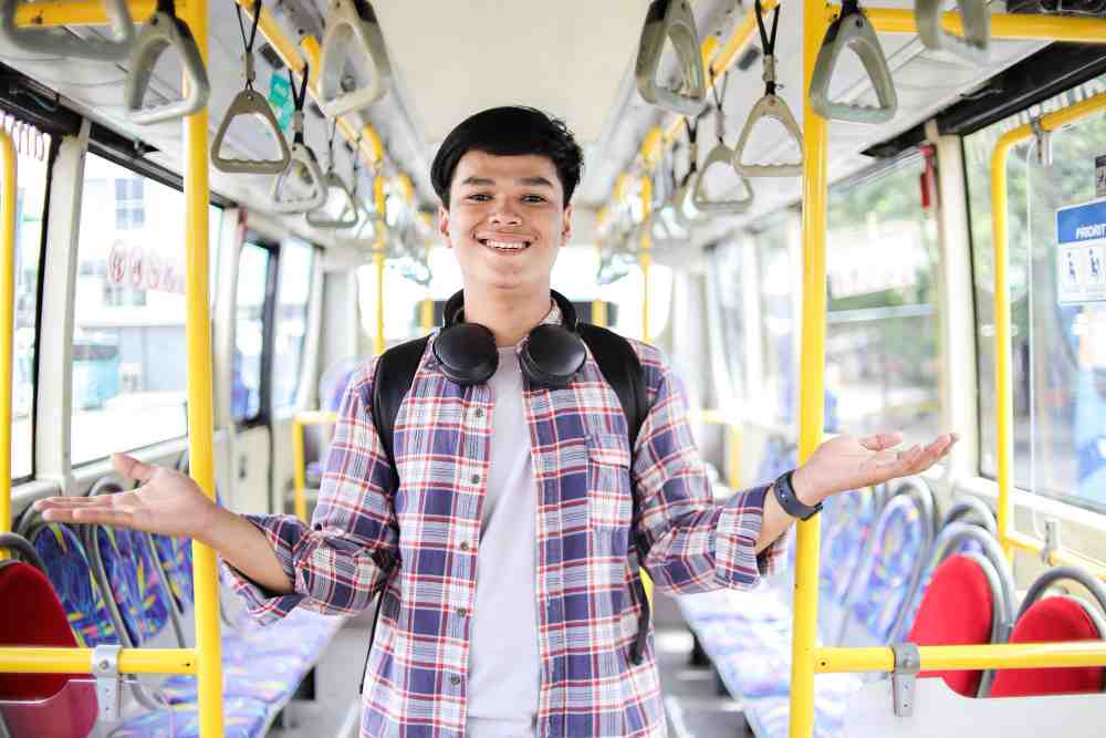 A young man in a Bus.